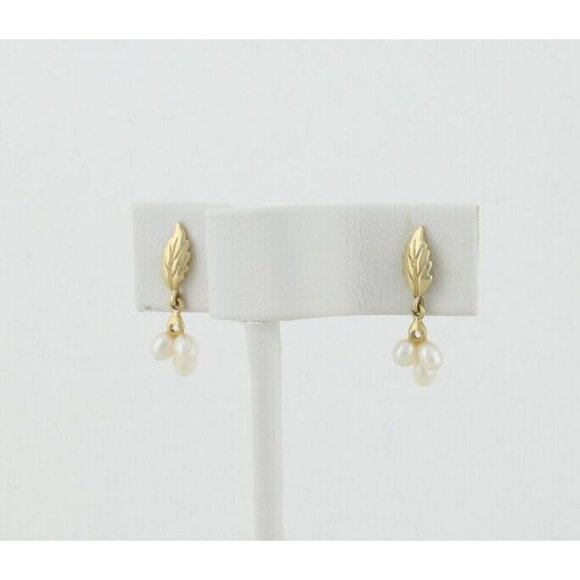 14k Yellow Gold Natural Pearl & Leaf Earrings Dangle Drop - Picture 5 of 6
